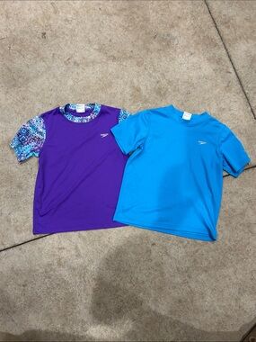 Speedo Purple Pattern-Sleeve Rash Guard & Bright Blue Swim Tee Set